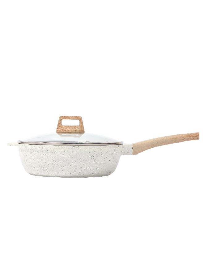 ESLITE LIFE Deep Frypan 28 cm Nonstick with Lid | Aluminum | Non-stick Ceramic coating | Scratch Resistant & Durable | Soft touch wooden esthetic handle– Ideal for Stir-Fry, Frying & Sautéing , White - Image 1