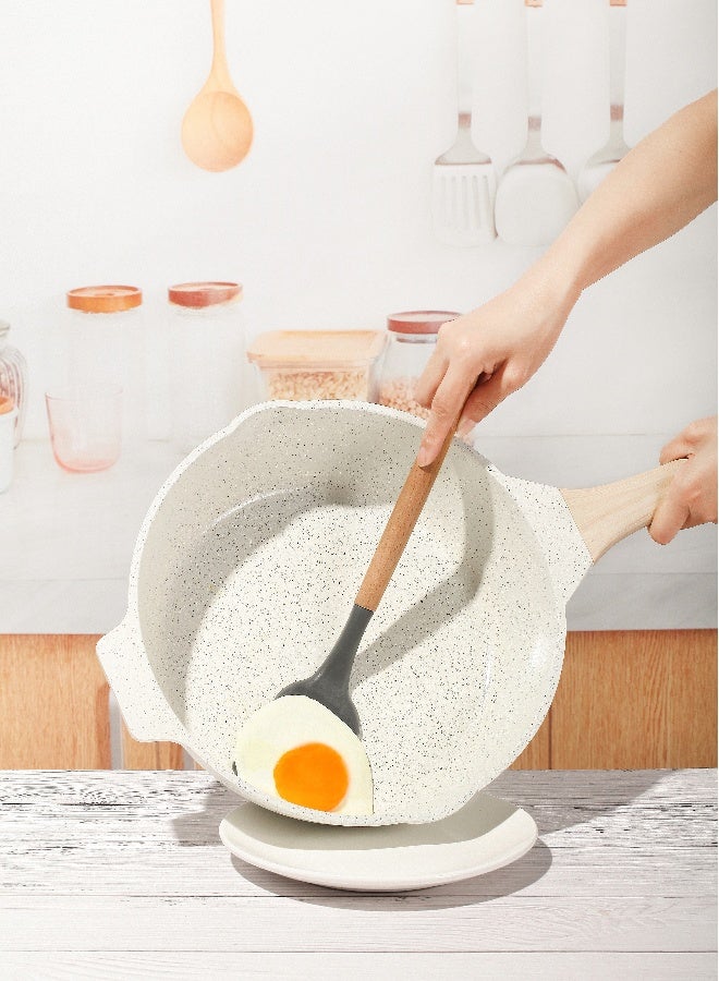 ESLITE LIFE Deep Frypan 28 cm Nonstick with Lid | Aluminum | Non-stick Ceramic coating | Scratch Resistant & Durable | Soft touch wooden esthetic handle– Ideal for Stir-Fry, Frying & Sautéing , White - Image 2