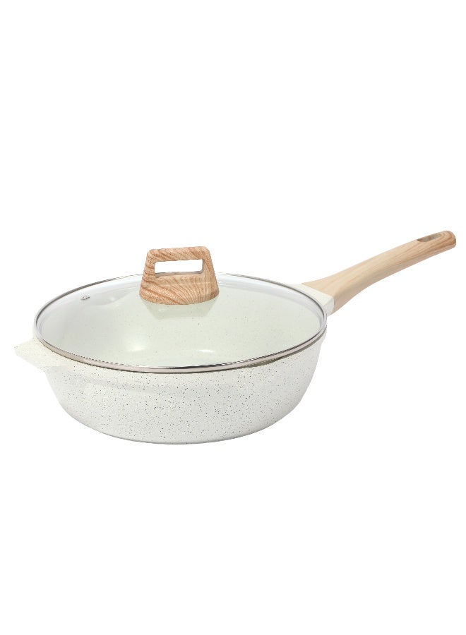 ESLITE LIFE Deep Frypan 28 cm Nonstick with Lid | Aluminum | Non-stick Ceramic coating | Scratch Resistant & Durable | Soft touch wooden esthetic handle– Ideal for Stir-Fry, Frying & Sautéing , White - Image 4