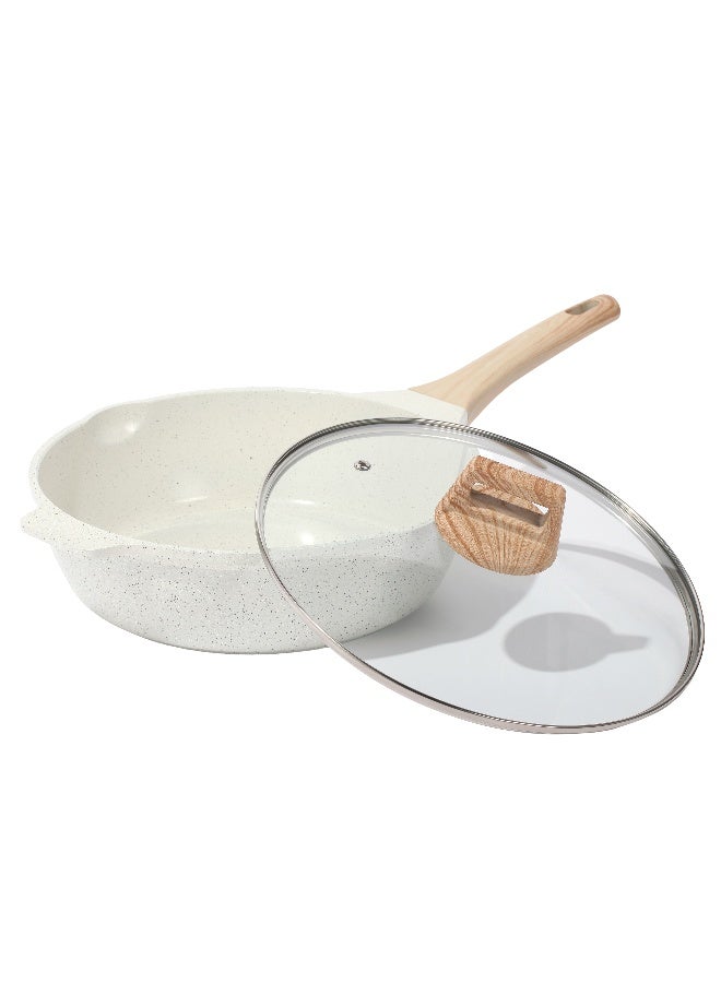 ESLITE LIFE Deep Frypan 28 cm Nonstick with Lid | Aluminum | Non-stick Ceramic coating | Scratch Resistant & Durable | Soft touch wooden esthetic handle– Ideal for Stir-Fry, Frying & Sautéing , White - Image 5