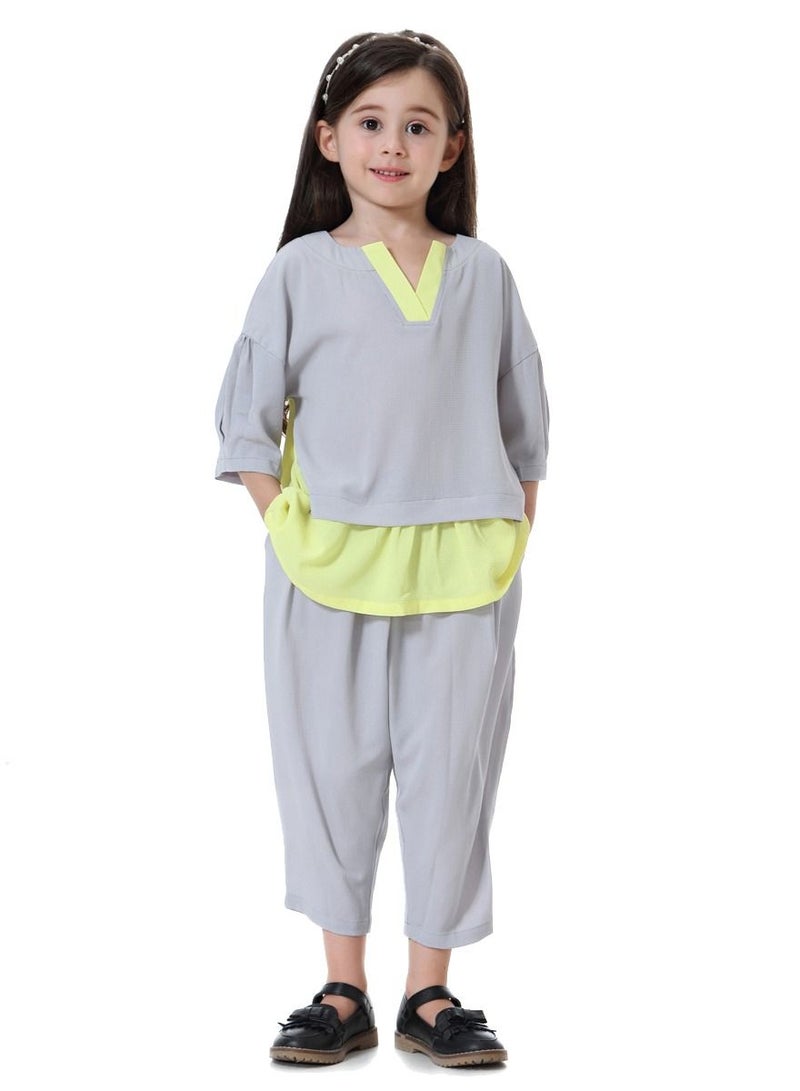 Loquat Girl's 2-Piece Set Outfit Mid-Sleeve Top And Loose Cropped Pants Suit Grey/Yellow  - Image 1