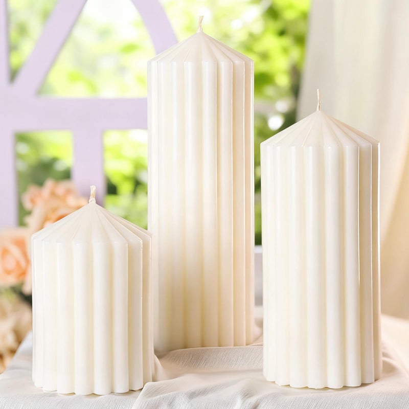 MAKALONE 3 Pcs Scented Ribbed Pillar Candles,Natural Soybean White Pillar Candles,Modern Aesthetic Soy Wax Pillar Candle for Home Decor,2.8x4,6,8in Smokeless Non-Toxic Vanilla Cake Scented Candle for Gifts - Image 1