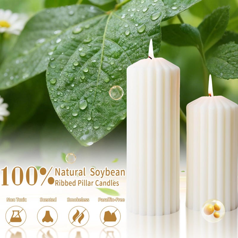 MAKALONE 3 Pcs Scented Ribbed Pillar Candles,Natural Soybean White Pillar Candles,Modern Aesthetic Soy Wax Pillar Candle for Home Decor,2.8x4,6,8in Smokeless Non-Toxic Vanilla Cake Scented Candle for Gifts - Image 5