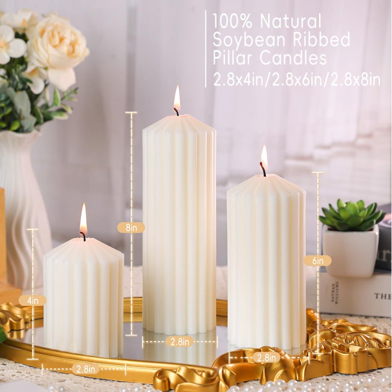 MAKALONE 3 Pcs Scented Ribbed Pillar Candles,Natural Soybean White Pillar Candles,Modern Aesthetic Soy Wax Pillar Candle for Home Decor,2.8x4,6,8in Smokeless Non-Toxic Vanilla Cake Scented Candle for Gifts - Image 2