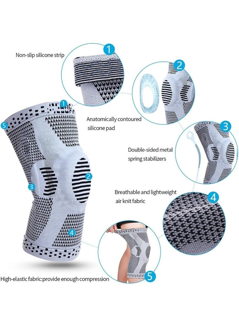 COYO Knee Compression Support Sleeve, Side Springs Stabilizers Knee Brace for Men & Women with Patella Gel Pad & Anti-slip Strips for Meniscus Tear, Arthritis, Sport Joint Pain Relief, Knee Protect, Grey - Image 3