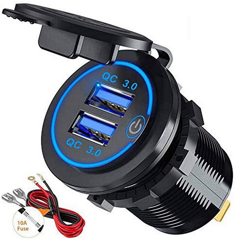 Thlevel Dual QC3.0 USB Charger Socket, Dual USB Car Charger Power Outlet with switch for 12V/24V Car, Boats and Marine, Motorcycle, Truck - Image 1