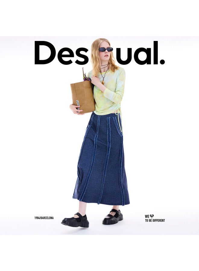 DESIGUAL 25 Autumn/Winter New Frayed Split Umbrella Hem Denim Skirt - Image 4