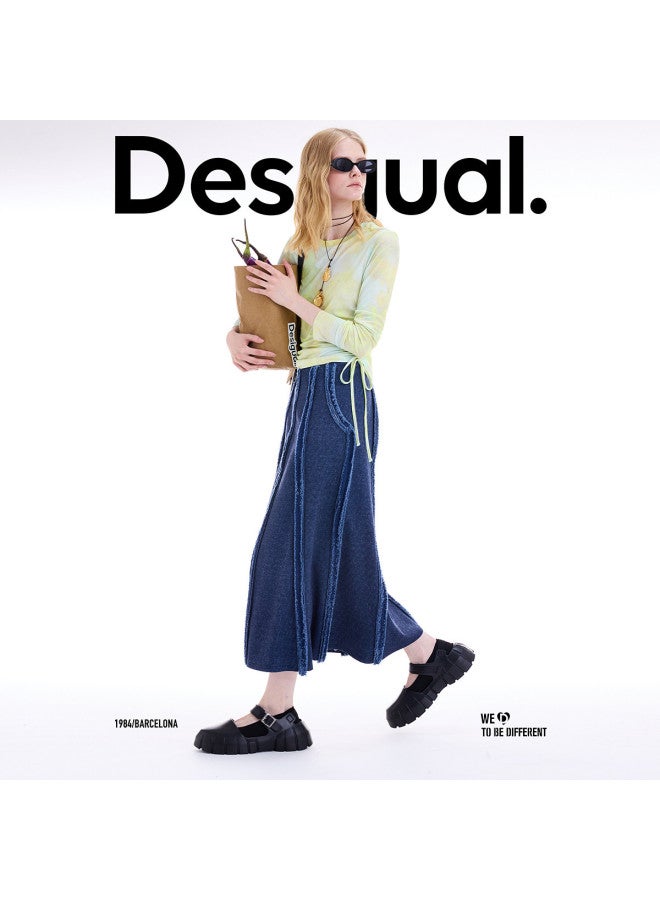 DESIGUAL 25 Autumn/Winter New Frayed Split Umbrella Hem Denim Skirt - Image 5