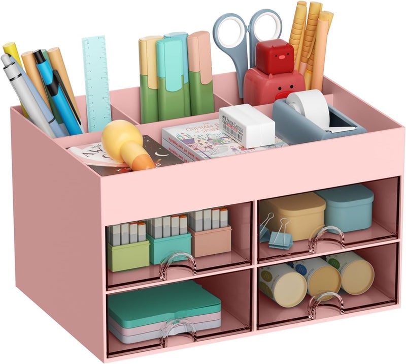 Home Cube Multi-Functional Desk Organizer With 4 Compartments & 4 Pull Out Drawer Desktop Office Supplies Stationery Storage Box Cosmetic Organizer For Pens Staplers Clips Sticky Notes-Pink-Plastic - Image 1