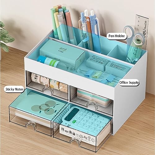 Home Cube Multi-Functional Desk Organizer With 4 Compartments & 4 Pull Out Drawer Desktop Office Supplies Stationery Storage Box Cosmetic Organizer For Pens Staplers Clips Sticky Notes-Pink-Plastic - Image 4