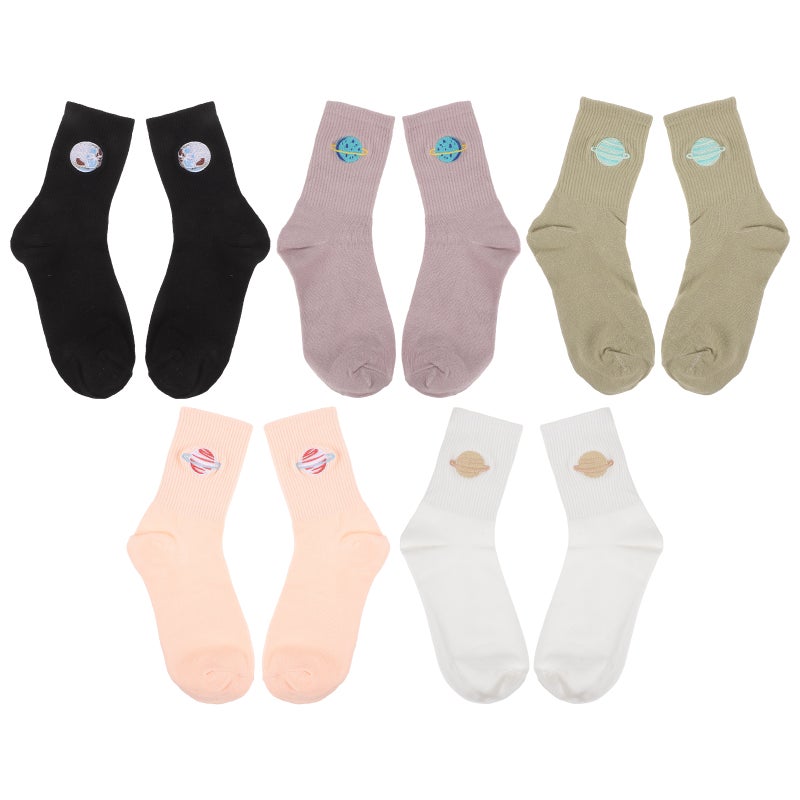 5 Pairs Planet Pattern Socks Mid-tube Sock Cotton Stocking Women Embroidery Sock - Image 1