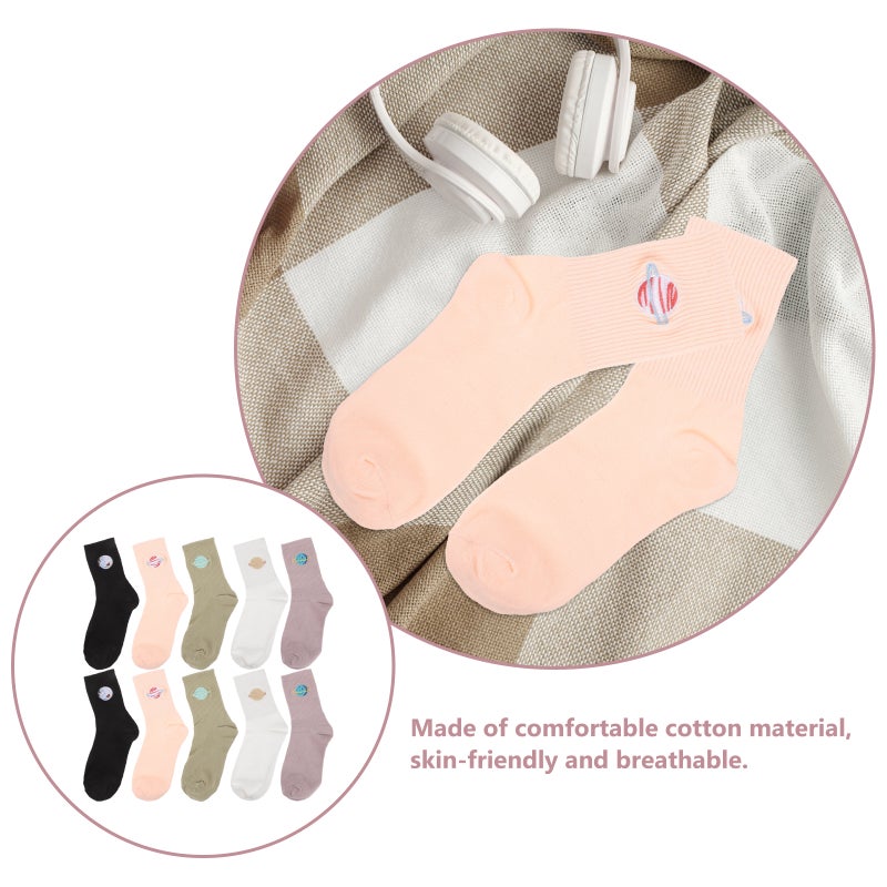 5 Pairs Planet Pattern Socks Mid-tube Sock Cotton Stocking Women Embroidery Sock - Image 2