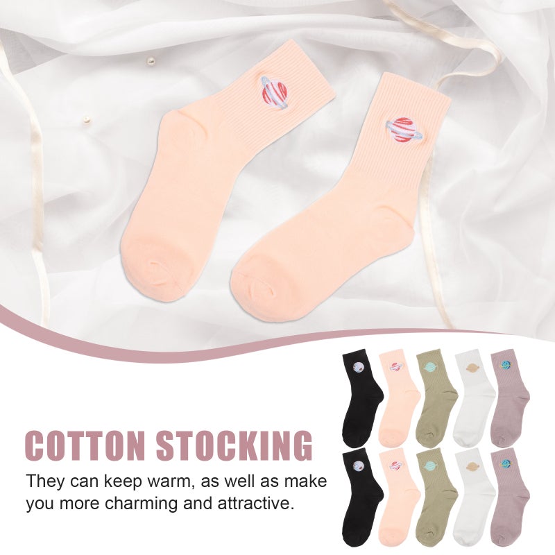5 Pairs Planet Pattern Socks Mid-tube Sock Cotton Stocking Women Embroidery Sock - Image 3