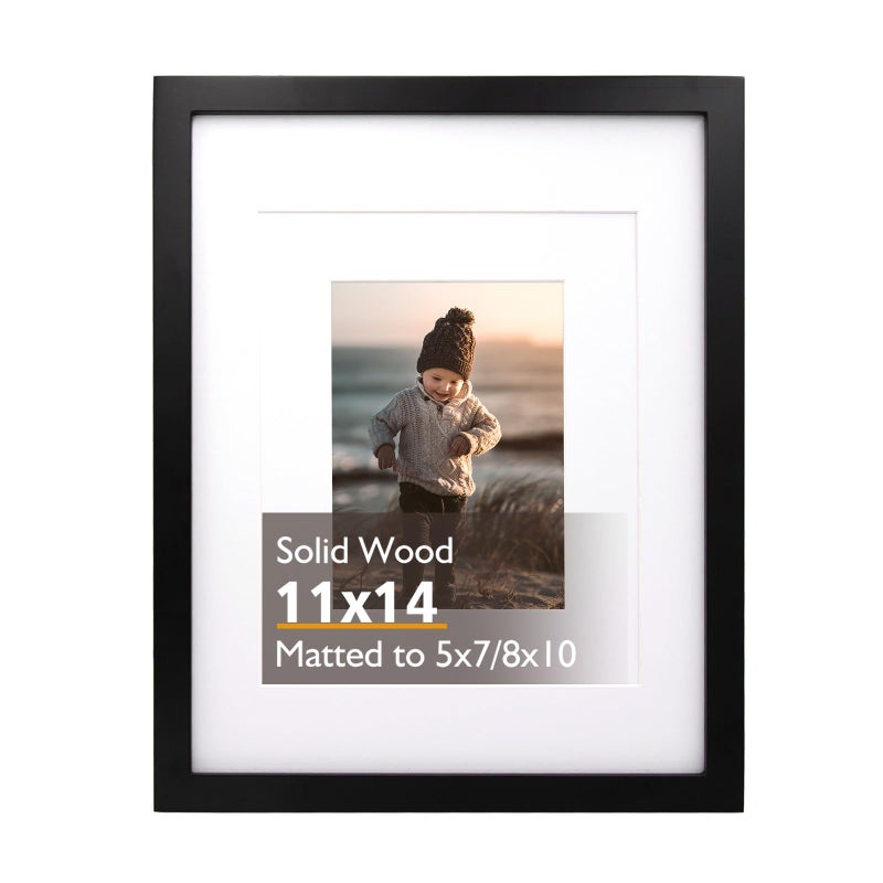 KINLINK 11x14 Picture Frame, Black Solid Wood Frame with Acrylic Plexiglass for Picture 5x7/8x10 with Mat or 11x14 without Mat, Tabletop and Wall Display Photo Frame 1 Pack - Image 1