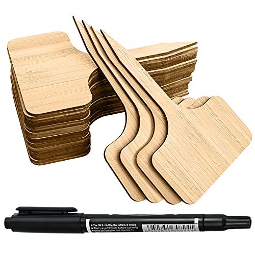 YXGOOD 50Pcs Bamboo Plant Labels with A Marker Pen T-Type Wooden Plant Sign Tags Garden Markers for Seed Potted Herbs Flowers Vegetables 2.3 x 4 inch (50) - Image 1