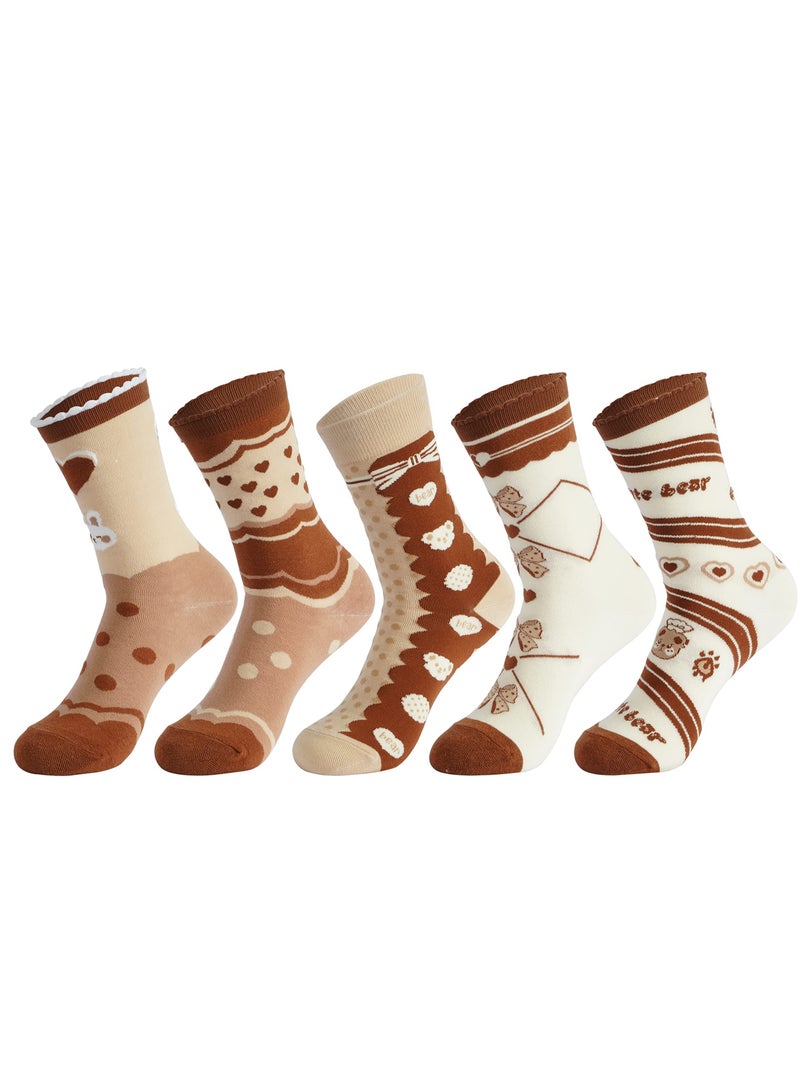 5 Pairs of Women's Combed Cotton Crew Socks, Fun and Casual Novelty Designs, Cute Quarter Dress Socks in Brown, White, and Grey - Image 1