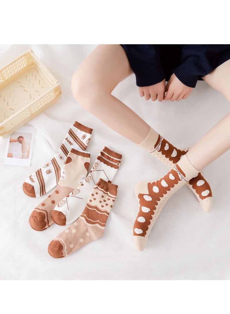 5 Pairs of Women's Combed Cotton Crew Socks, Fun and Casual Novelty Designs, Cute Quarter Dress Socks in Brown, White, and Grey - Image 5