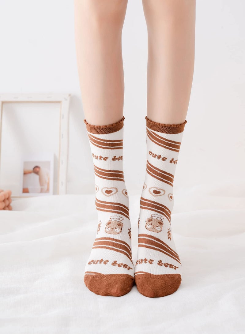 5 Pairs of Women's Combed Cotton Crew Socks, Fun and Casual Novelty Designs, Cute Quarter Dress Socks in Brown, White, and Grey - Image 3