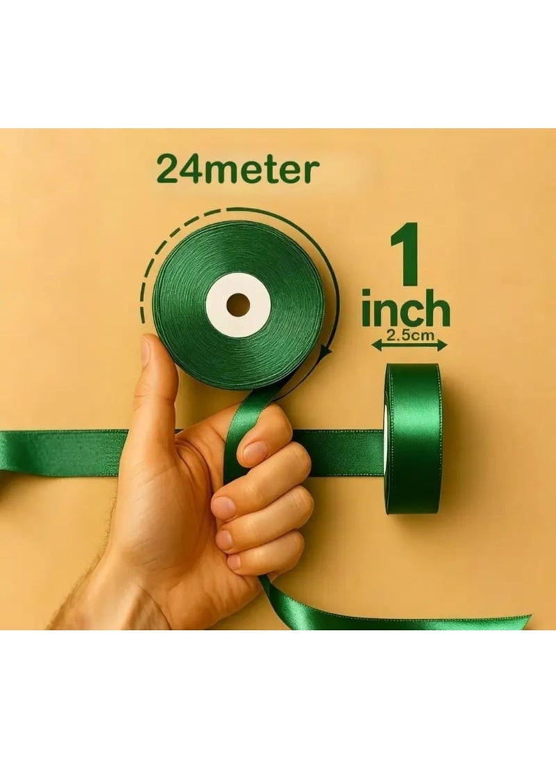 KRONFOL 3pcs , 2.54 cm 24 m (each one) Christmas Green Satin Ribbon  | Luxe -Like Ribbon for Tree Decor, Gift Wrapping & Festive DIY Bows - Image 1
