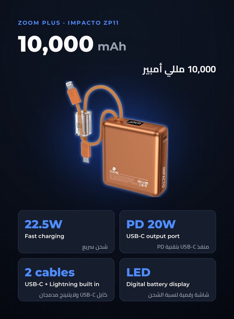 Zoom Plus IMPACTO 10000mAh Ultra-Slim Power Bank, 22.5W Fast Charging Portable Charger with Built-in USB-C and Lightning Cables plus USB-C PD 20W Port, Compact Battery Pack for iPhone, Samsung and Android (ZP11, Orange) - Image 2