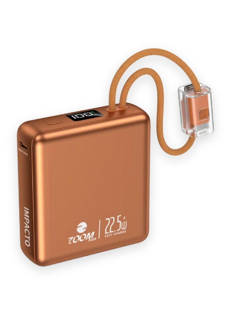 Zoom Plus IMPACTO 10000mAh Ultra-Slim Power Bank, 22.5W Fast Charging Portable Charger with Built-in USB-C and Lightning Cables plus USB-C PD 20W Port, Compact Battery Pack for iPhone, Samsung and Android (ZP11, Orange) - Image 1