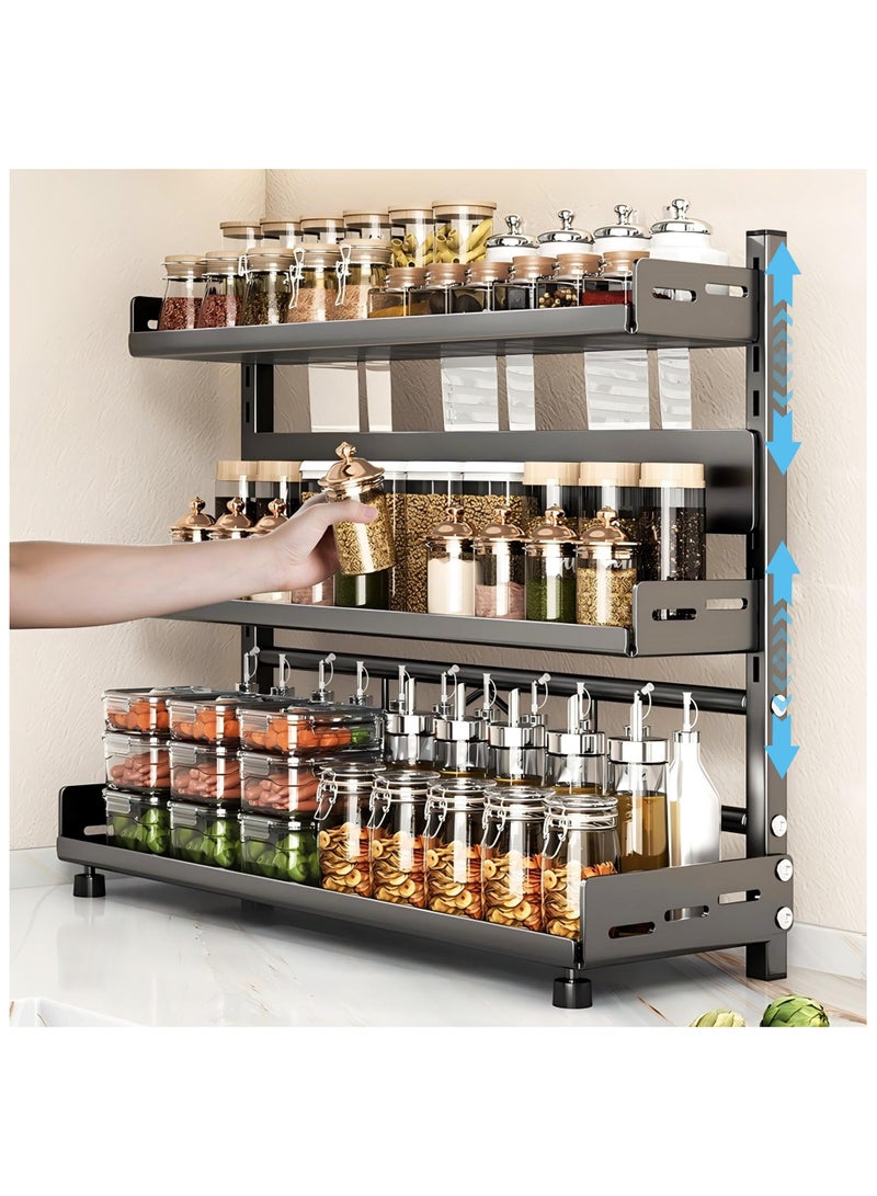 XICEN Spice Rack for Countertop, 3 Tier Height-Adjustable Spice Organization for Cabinet, Kitchen Countertop Organizer, Metal Standing Large Seasoning Storage Shelf, Black - Image 1