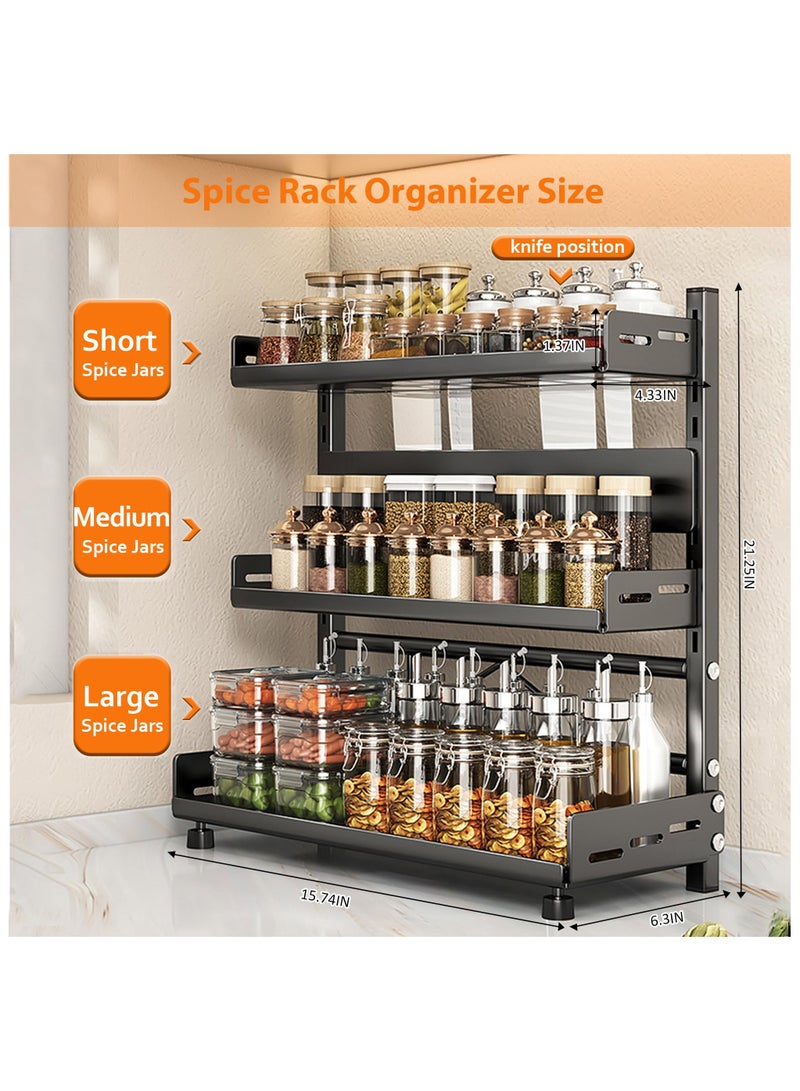 XICEN Spice Rack for Countertop, 3 Tier Height-Adjustable Spice Organization for Cabinet, Kitchen Countertop Organizer, Metal Standing Large Seasoning Storage Shelf, Black - Image 4