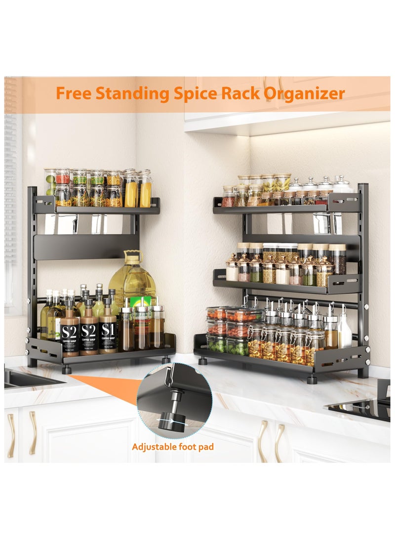 XICEN Spice Rack for Countertop, 3 Tier Height-Adjustable Spice Organization for Cabinet, Kitchen Countertop Organizer, Metal Standing Large Seasoning Storage Shelf, Black - Image 2