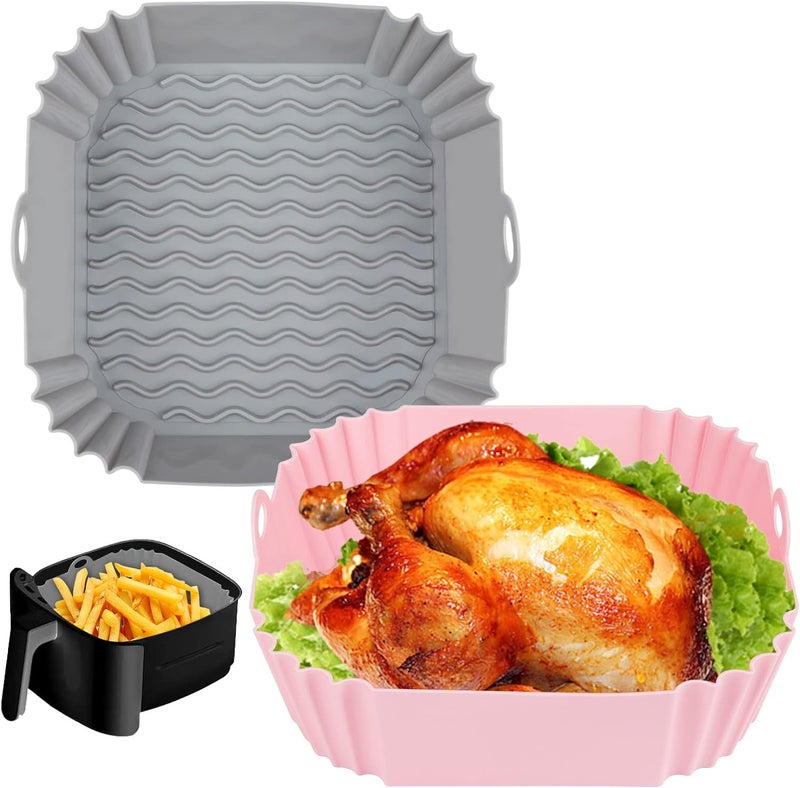 Boribim 2 PCS Square Silicone Air Fryer Liners - 8 Inch Air Fryer Reusable Liners - Kitchen Accessories - AirFryer Inserts for 4 to 7 QT Oven Microwave Accessories (Grey + Pink) - Image 1
