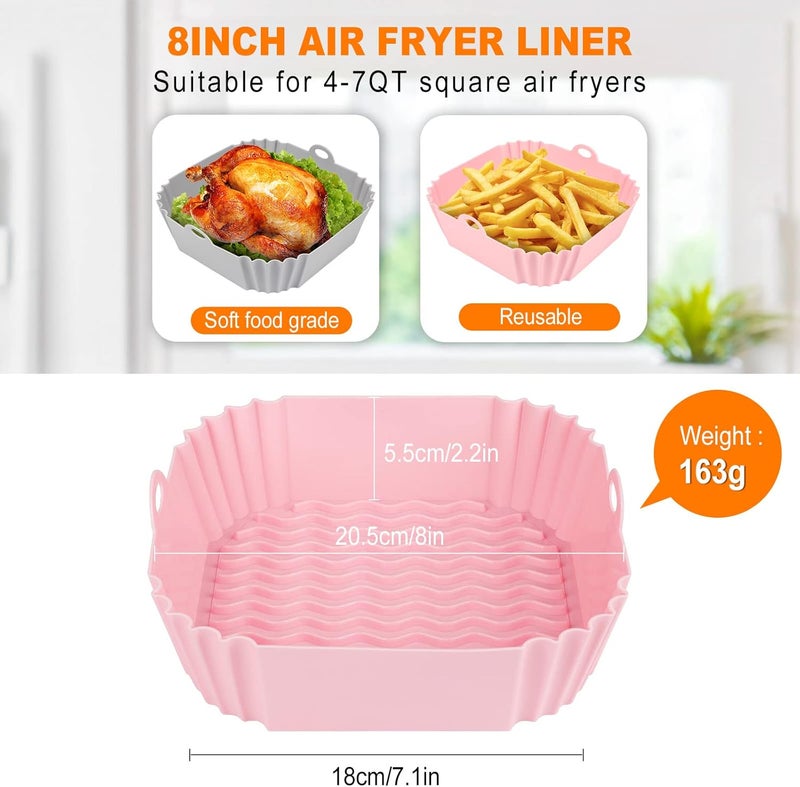 Boribim 2 PCS Square Silicone Air Fryer Liners - 8 Inch Air Fryer Reusable Liners - Kitchen Accessories - AirFryer Inserts for 4 to 7 QT Oven Microwave Accessories (Grey + Pink) - Image 2