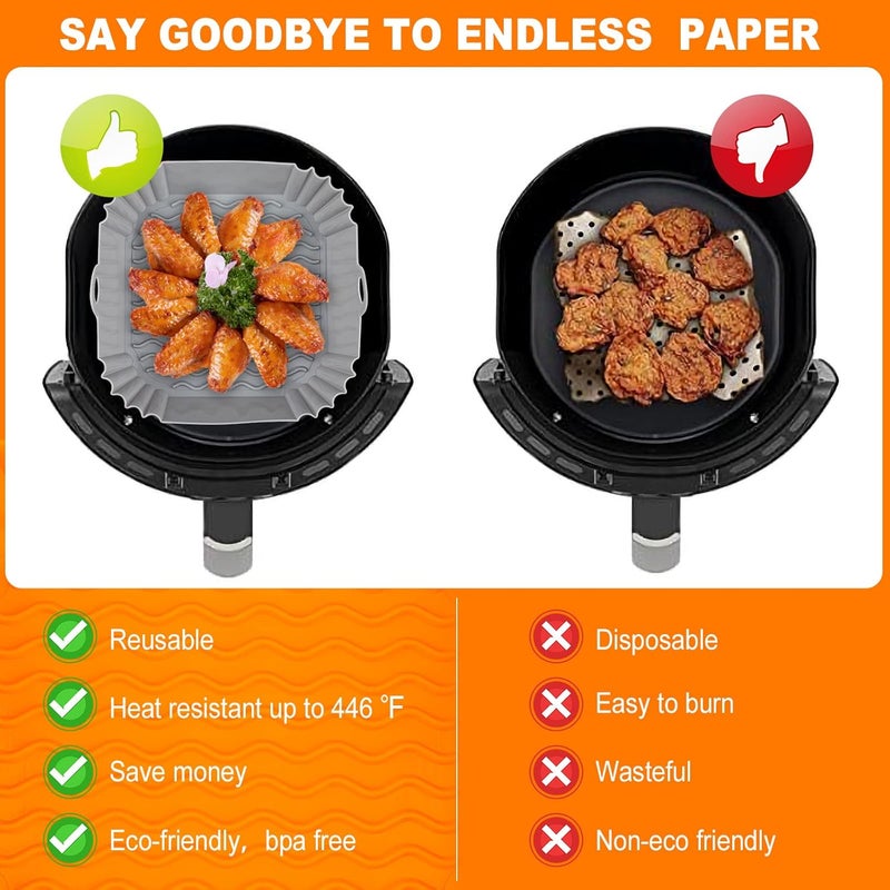 Boribim 2 PCS Square Silicone Air Fryer Liners - 8 Inch Air Fryer Reusable Liners - Kitchen Accessories - AirFryer Inserts for 4 to 7 QT Oven Microwave Accessories (Grey + Pink) - Image 3
