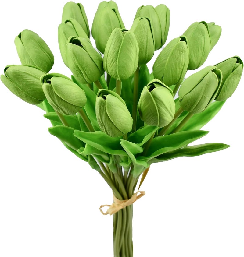 Mandy's Artificial Tulips 20 Stems Green PU Faux Flowers for Thanksgiving and Christmas Decorations Wedding Home Decor 13.5 Inch - Image 1
