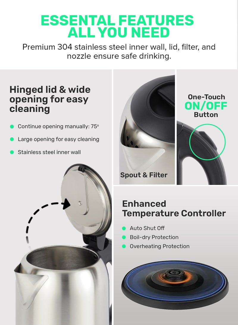 GEEPAS Stainless Steel Electric Kettle With Auto Shutt off and Boil Dry Protection 2 L 1800 W GK5466B Silver/Black - Image 3