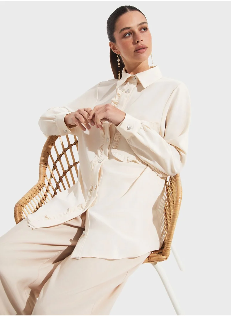 JUNE Ruffel Detail Button Down Shirt