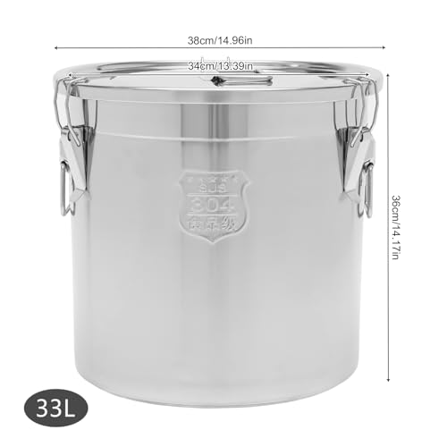 CeRaBuRET 8.7Gal 304 Stainless Steel Airtight Canister for Kitchen, 28-60Lbs Rice Cereal Grain Canisters Container, Metal Kitchen Rice Oil Storage Bucket for Household Food w/Handles+Lid (Silver-33L) - Image 2