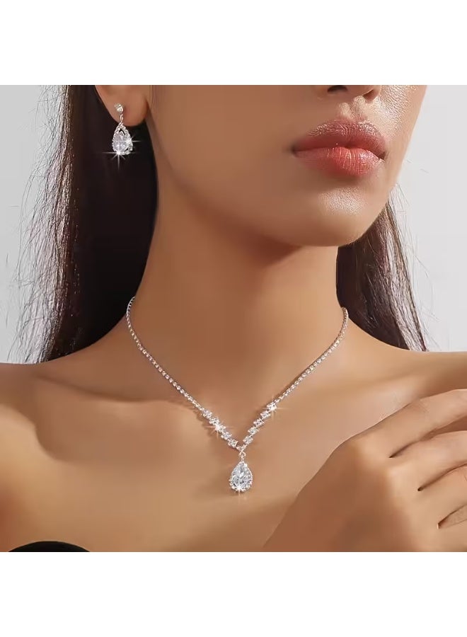 aeen European & American Bridal Silver Plated Jewellery Set – 2-Piece Necklace and Earrings for Women, Ultra-Shiny Accessories for Weddings and Parties, Gift for her - Image 1