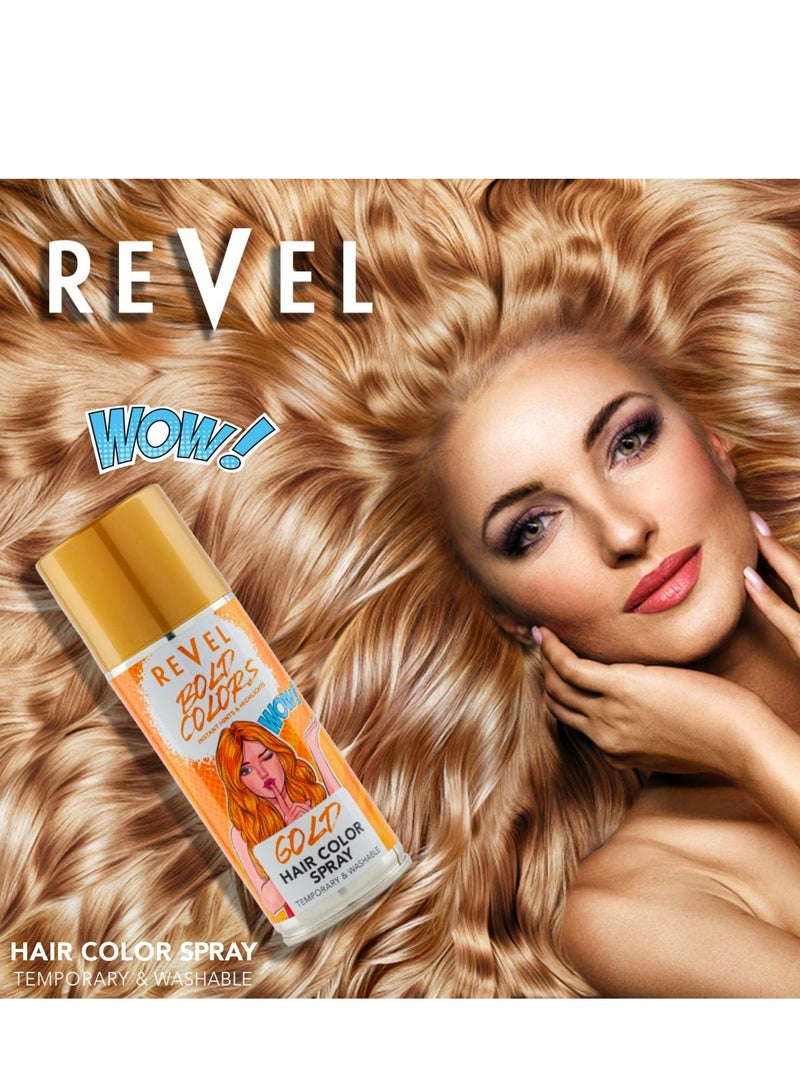 Revel رذاذ لون الشعر المؤقت باللون الذهبي الجريء 150 مل، للرجال والنساء، رذاذ لون الشعر، لمسات فورية، هايلايت، لجميع أنواع الشعر، سريع الجفاف، غير لزج، للعناية بالشعر - Image 2