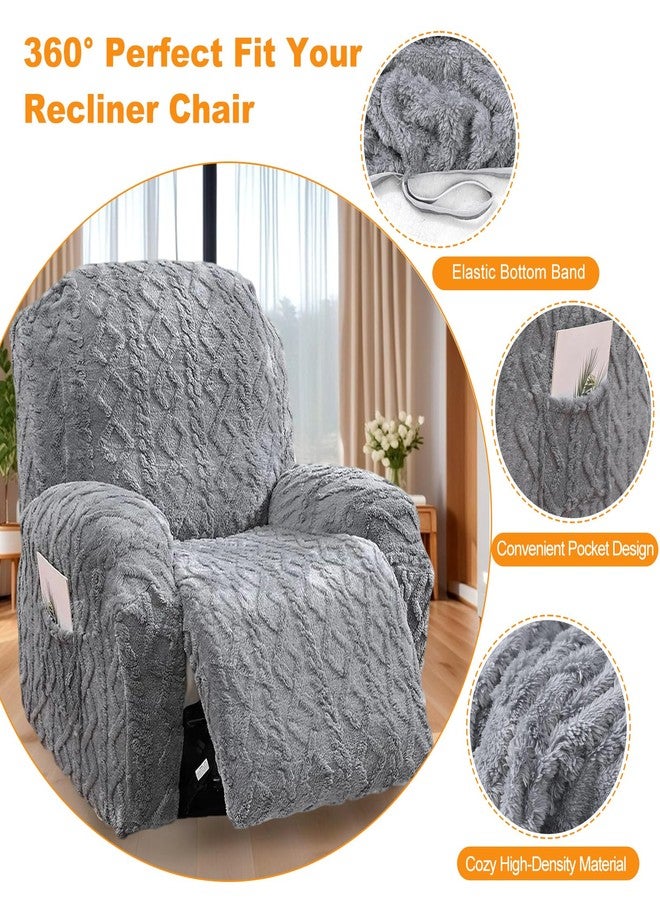 Master Pink 4 Pieces Recliner Chair Covers, Geometric Jacquard Plush Recliner Slipcovers, Couch Sofa Covers, Soft Fuzzy Fluffy Anti-Slip Furniture Protector for Kids Cats Dogs Elastic Bottom (Grey,1 Seat) - Image 3