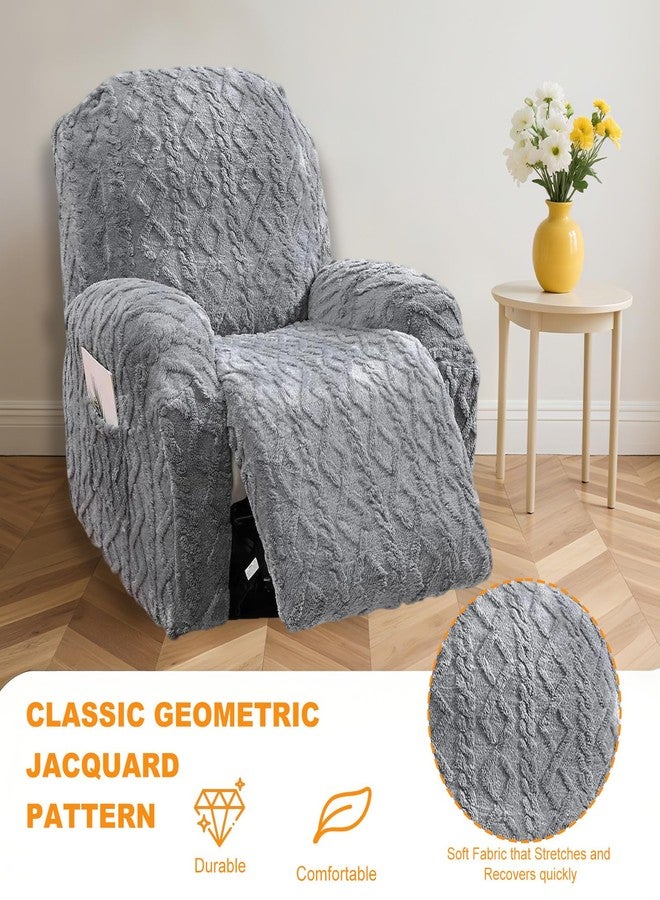 Master Pink 4 Pieces Recliner Chair Covers, Geometric Jacquard Plush Recliner Slipcovers, Couch Sofa Covers, Soft Fuzzy Fluffy Anti-Slip Furniture Protector for Kids Cats Dogs Elastic Bottom (Grey,1 Seat) - Image 4