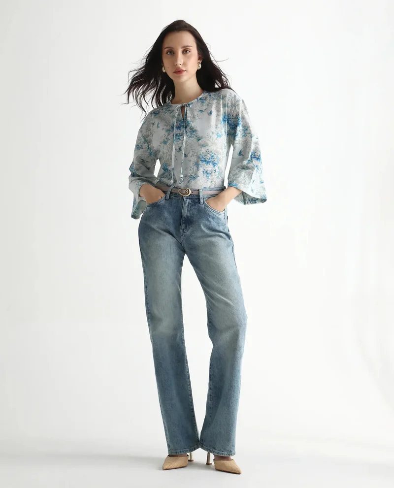 Rareism Women's Bell Sleeves Floral Print Top