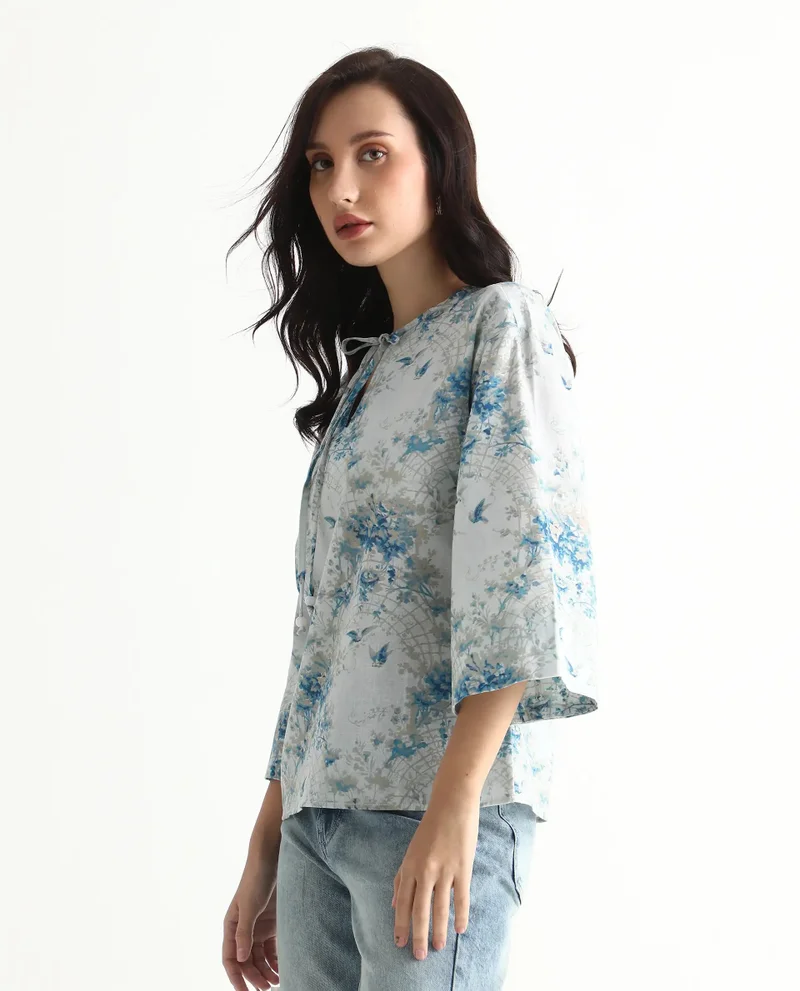 Rareism Women's Bell Sleeves Floral Print Top