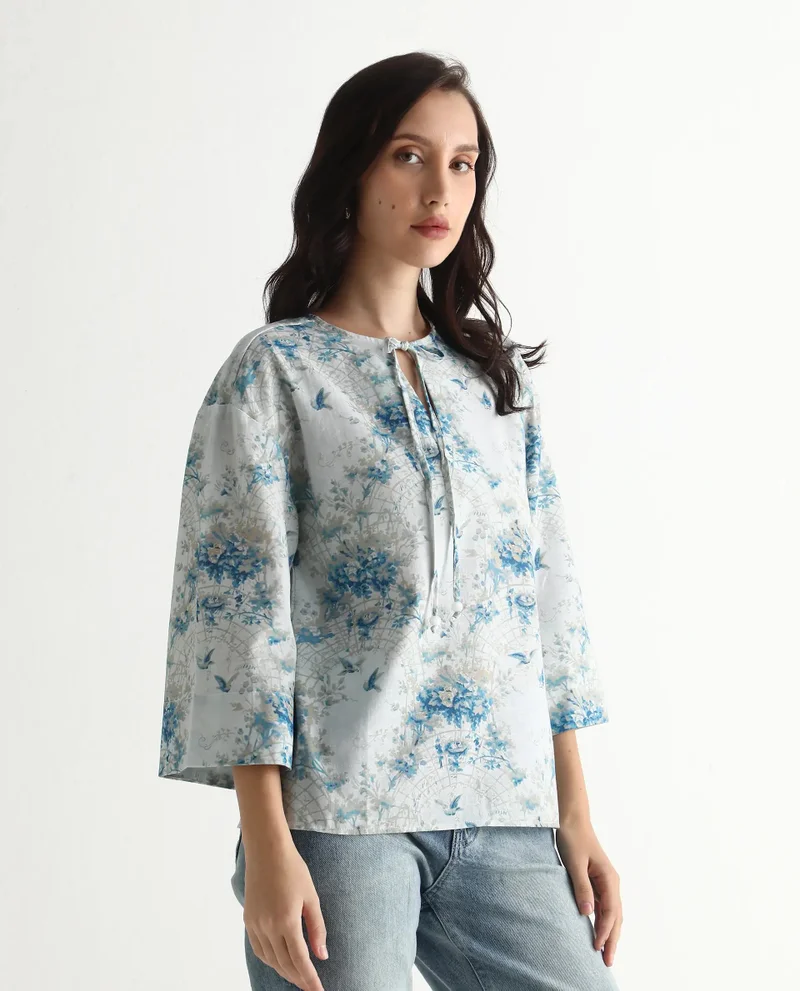 Rareism Women's Bell Sleeves Floral Print Top