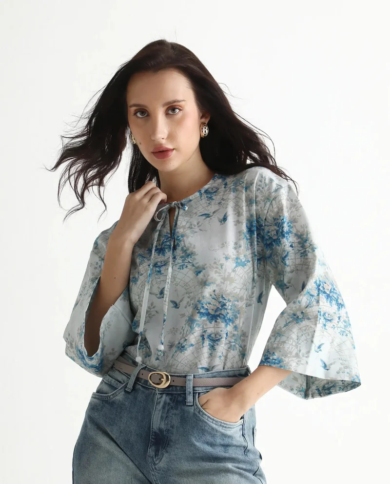 Rareism Women's Bell Sleeves Floral Print Top