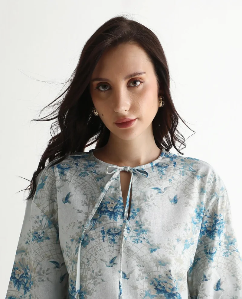 Rareism Women's Bell Sleeves Floral Print Top