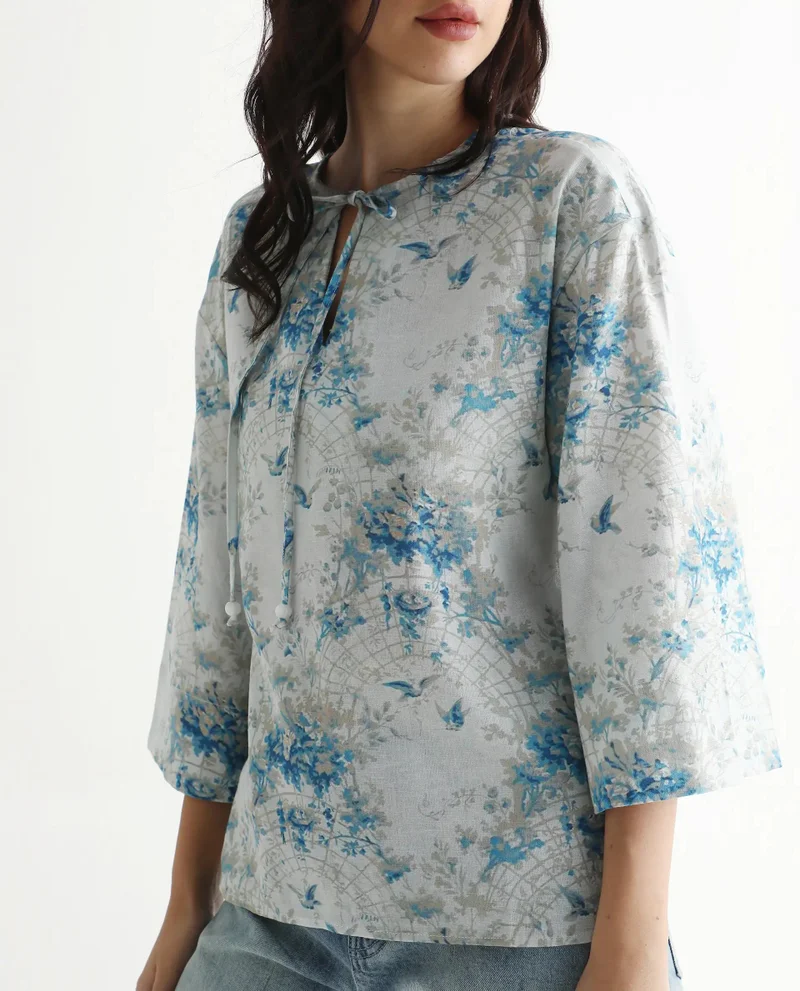 Rareism Women's Bell Sleeves Floral Print Top