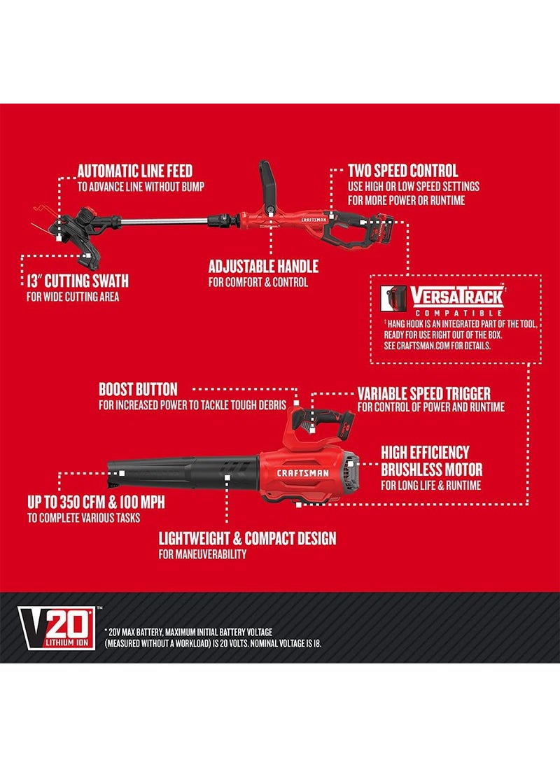 CRAFTSMAN V20 String Trimmer and Leaf Blower Combo Kit Cordless CMCK297M1