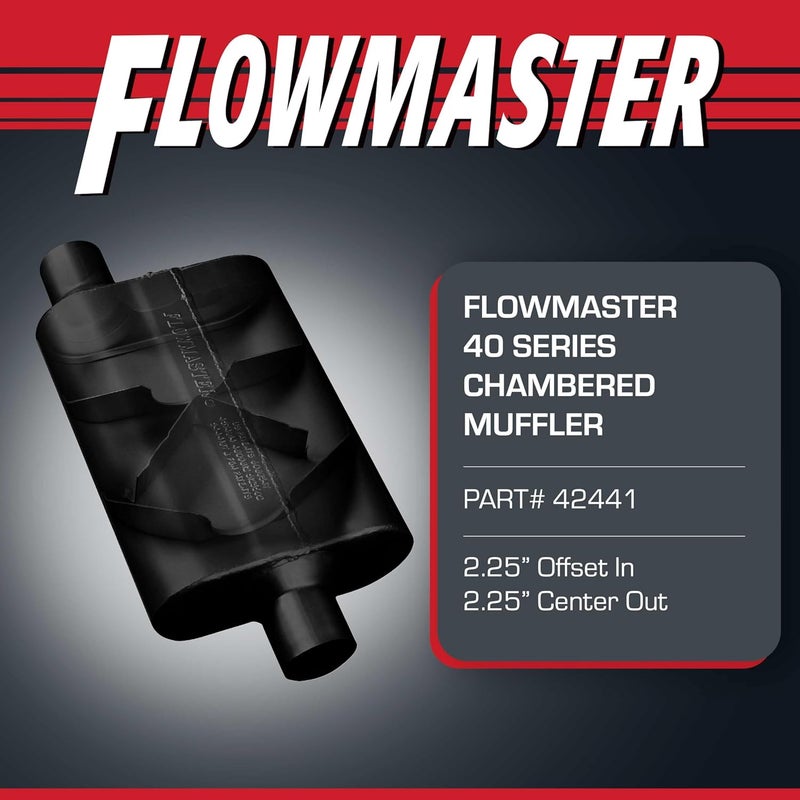 FLOWMASTER كواترون 40 الأصلي - كاتم صوت ذو غرفتين - 2.25 بوصة مدخل مائل / 2.25 بوصة مخرج مركزي - صوت عدواني - فولاذ مطلي بالألمنيوم بسمك 16 - للسيارات العضلية، سيارات الشارع، الشاحنات وسيارات الدفع الرباعي (42441) - Image 2