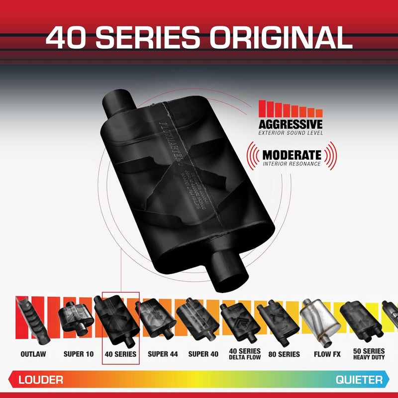 FLOWMASTER كواترون 40 الأصلي - كاتم صوت ذو غرفتين - 2.25 بوصة مدخل مائل / 2.25 بوصة مخرج مركزي - صوت عدواني - فولاذ مطلي بالألمنيوم بسمك 16 - للسيارات العضلية، سيارات الشارع، الشاحنات وسيارات الدفع الرباعي (42441) - Image 3