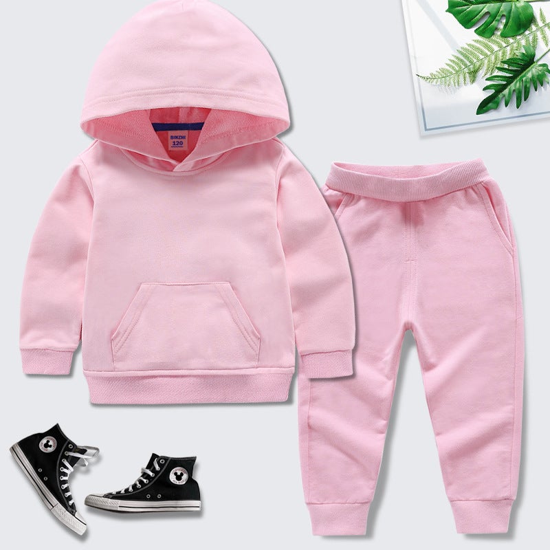 Kids Hooded Cotton Sweathshirt Set for Boys and Girls Pink Pink Solid Color Hoodie suit 