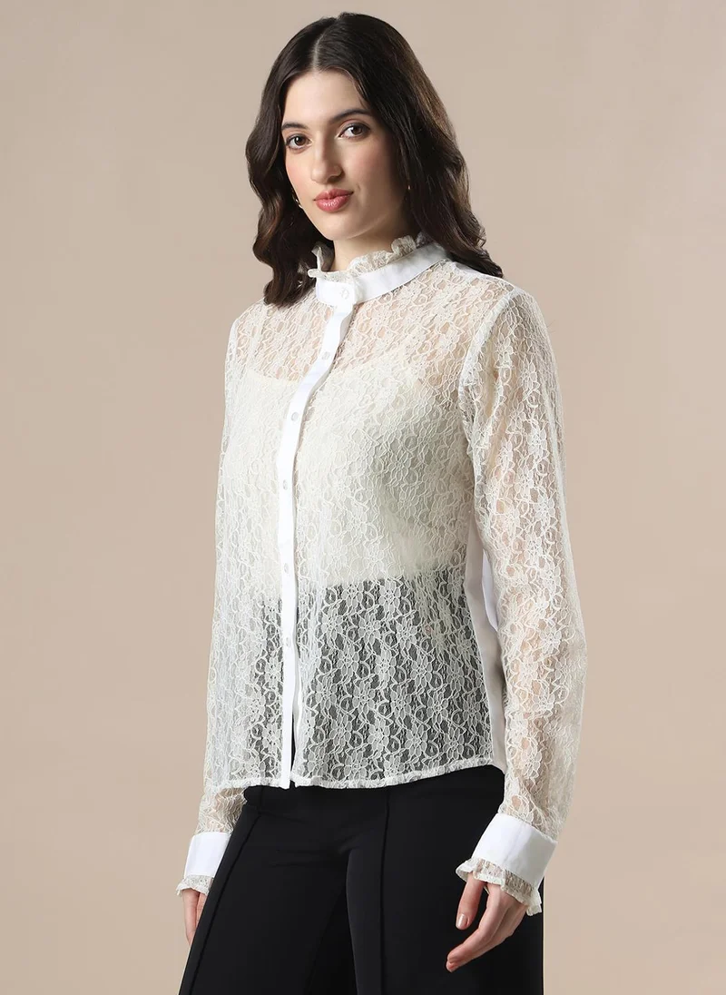globus Globus Women's Pink Floral Lace Party Shirt with Mandarin Collar and Ruffle Detail